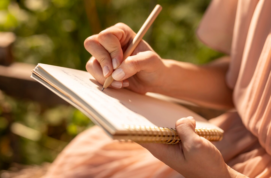Close-up of a woman journaling in morning light, practicing a gratitude routine.