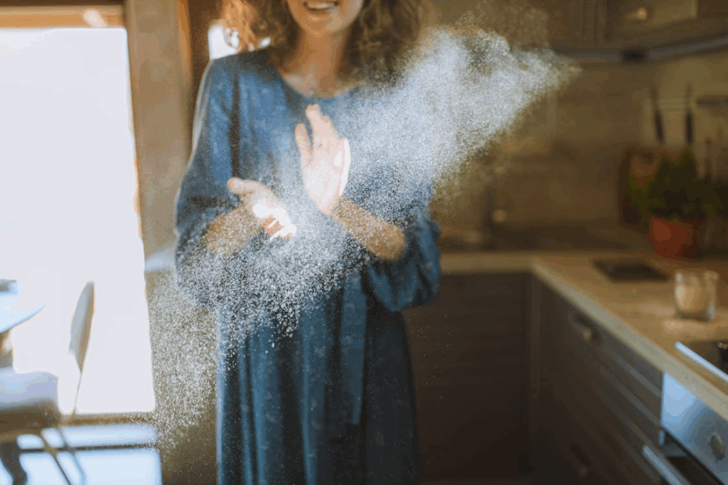 Woman clapping flour in a sunny kitchen, sending a dust cloud into the air.