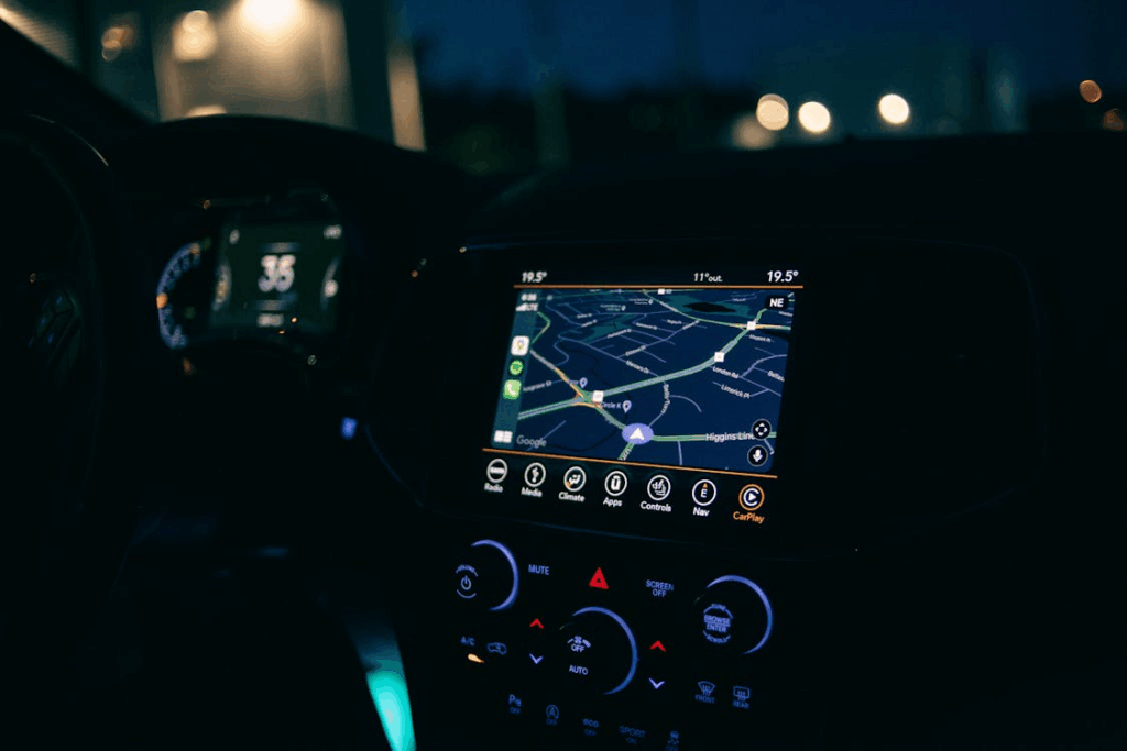 Car GPS navigation screen at night