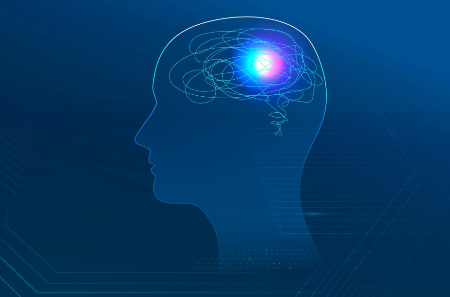 Silhouette head with a glowing brain, illustrating how human memory works across connected neural pathways.